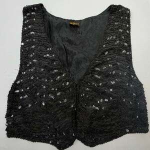 At Once Vintage Black Silk Beaded and Sequined Cropped Vest, Size Large